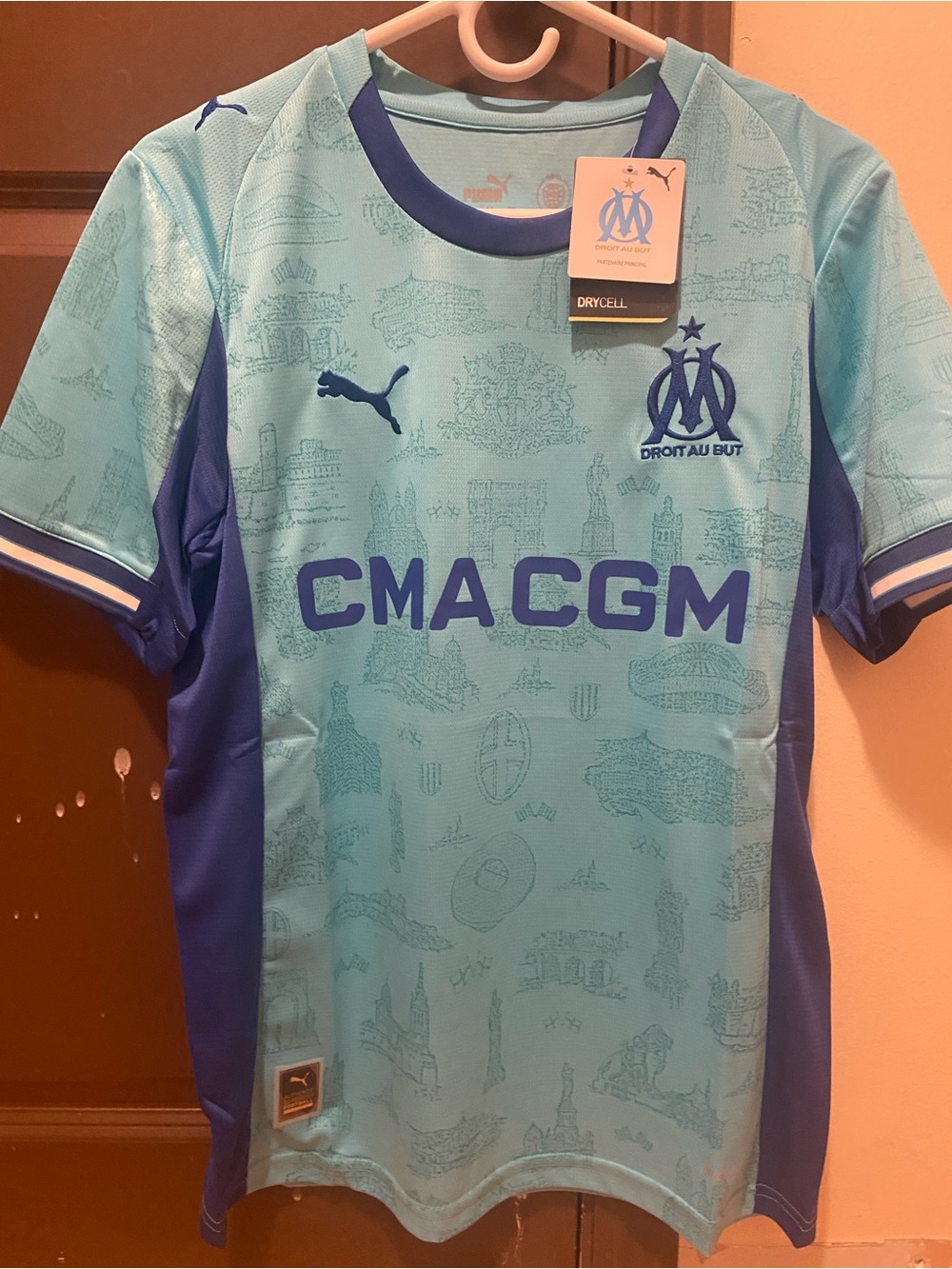 Olympique Marseilles Puma Light Aqua and Royal Blue Football Jersey